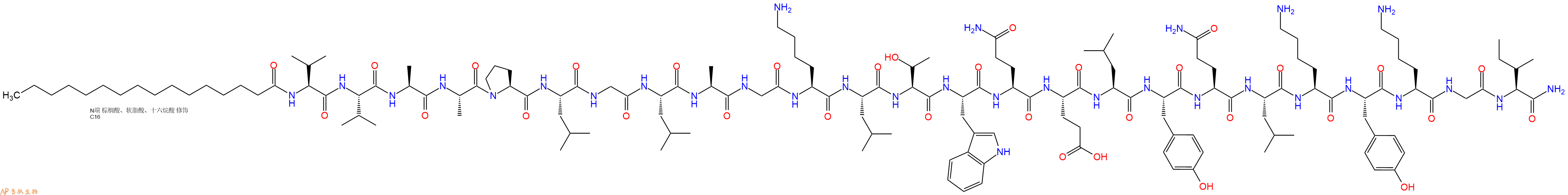 专肽生物产品Palmiticacid-Val-Val-Ala-Ala-Pro-Leu-Gly-Leu-Ala-Gly-Lys-Leu-Thr-Trp-Gln-Glu-Leu-Tyr-Gln-Leu-Lys-Tyr-Lys-Gly-Ile-CONH2
