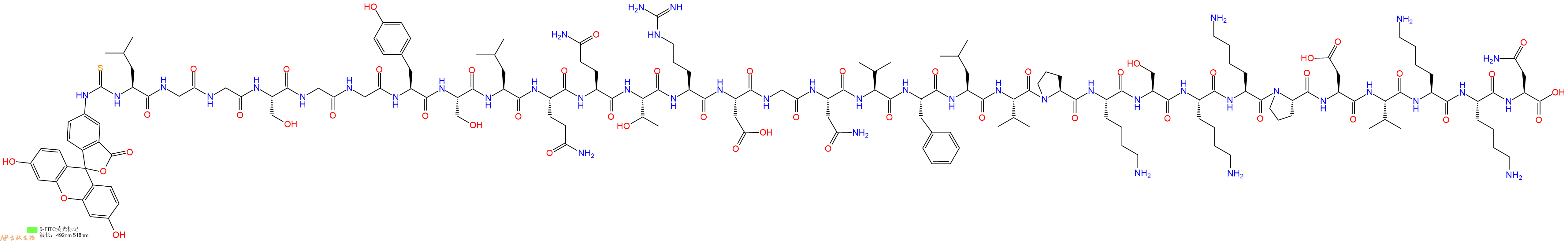 专肽生物产品5FITC-Leu-Gly-Gly-Ser-Gly-Gly-Tyr-Ser-Leu-Gln-Gln-Thr-Arg-Asp-Gly-Asn-Val-Phe-Leu-Val-Pro-Lys-Ser-Lys-Lys-Pro-Asp-Val-Lys-Lys-Asn-OH