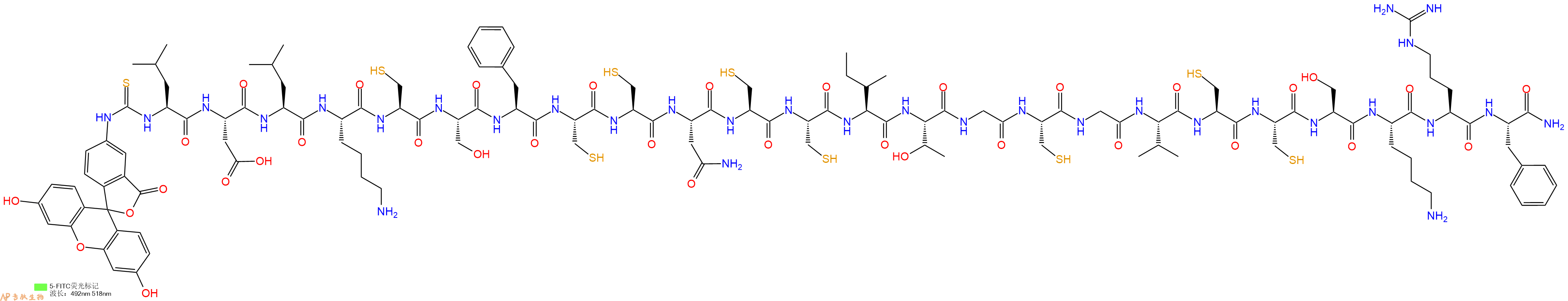 专肽生物产品5FITC-Leu-Asp-Leu-Lys-Cys-Ser-Phe-Cys-Cys-Asn-Cys-Cys-Ile-Thr-Gly-Cys-Gly-Val-Cys-Cys-Ser-Lys-Arg-Phe-CONH2