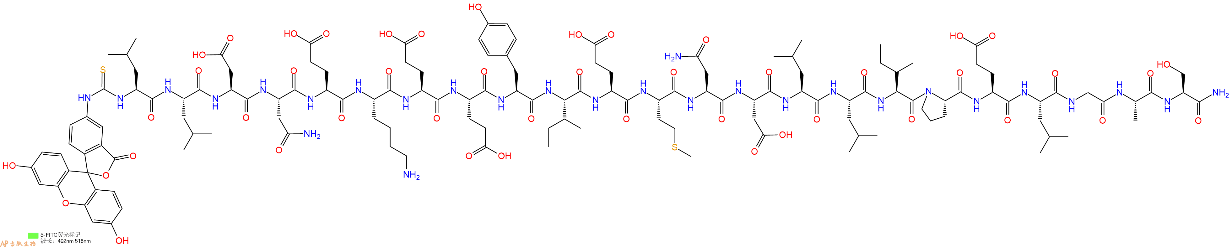 专肽生物产品5FITC-Leu-Leu-Asp-Asn-Glu-Lys-Glu-Glu-Tyr-Ile-Glu-Met-Asn-Asp-Leu-Leu-Ile-Pro-Glu-Leu-Gly-Ala-Ser-CONH2