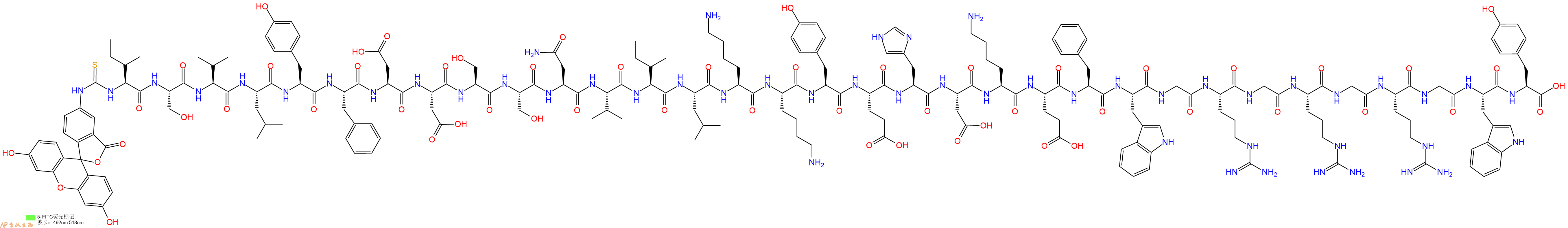 专肽生物产品5FITC-Ile-Ser-Val-Leu-Tyr-Phe-Asp-Asp-Ser-Ser-Asn-Val-Ile-Leu-Lys-Lys-Tyr-Glu-His-Asp-Lys-Glu-Phe-Trp-Gly-Arg-Gly-Arg-Gly-Arg-Gly-Trp-Tyr-OH