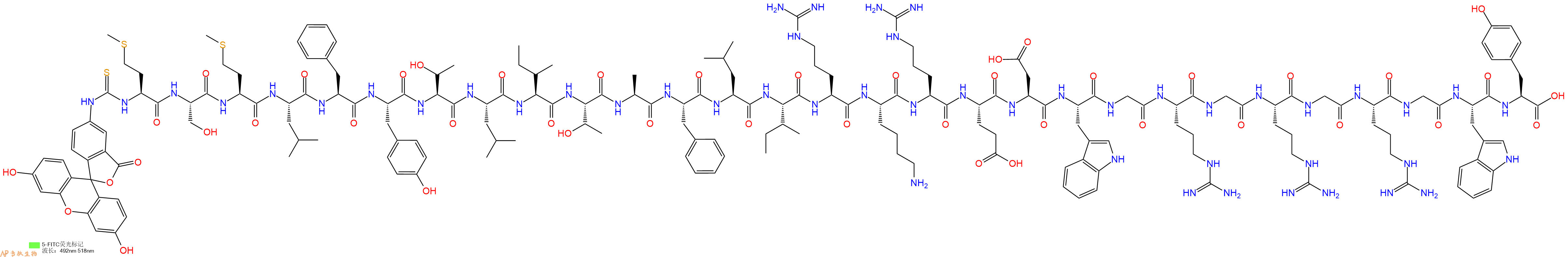 专肽生物产品5FITC-Met-Ser-Met-Leu-Phe-Tyr-Thr-Leu-Ile-Thr-Ala-Phe-Leu-Ile-Arg-Lys-Arg-Glu-Asp-Trp-Gly-Arg-Gly-Arg-Gly-Arg-Gly-Trp-Tyr-OH