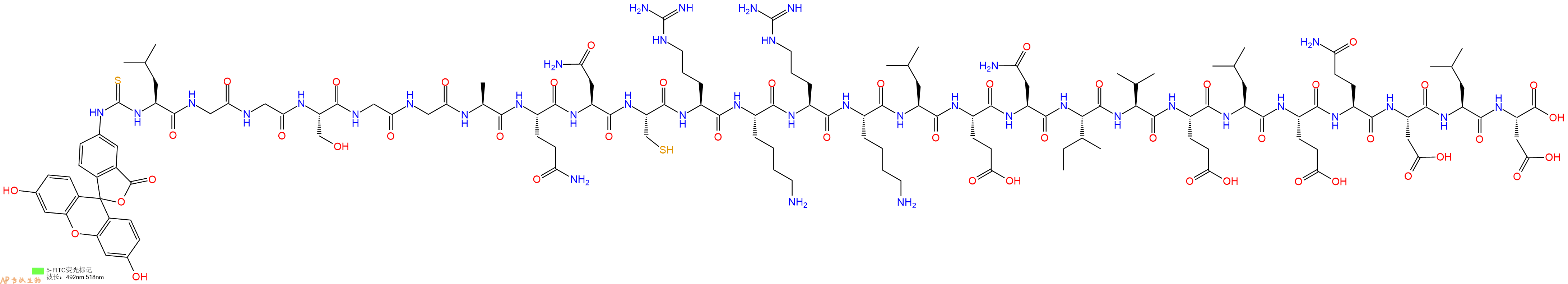 专肽生物产品5FITC-Leu-Gly-Gly-Ser-Gly-Gly-Ala-Gln-Asn-Cys-Arg-Lys-Arg-Lys-Leu-Glu-Asn-Ile-Val-Glu-Leu-Glu-Gln-Asp-Leu-Asp-OH