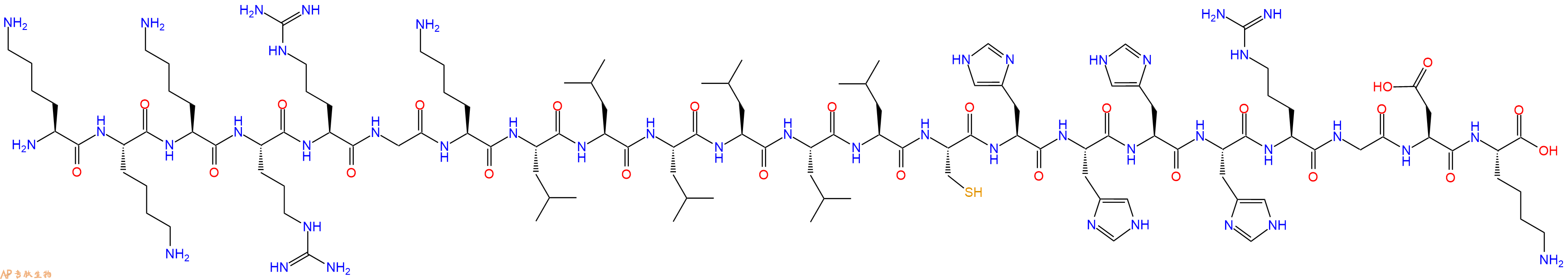 专肽生物产品H2N-Lys-Lys-Lys-Arg-Arg-Gly-Lys-Leu-Leu-Leu-Leu-Leu-Leu-Cys-His-His-His-His-Arg-Gly-Asp-Lys-OH