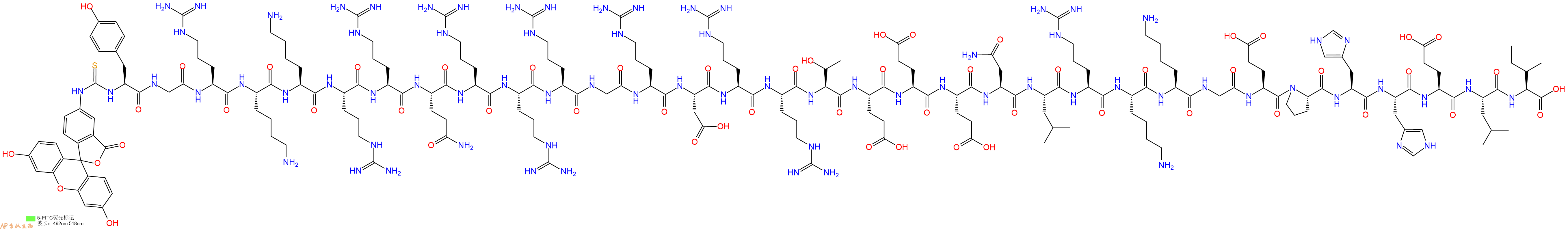 专肽生物产品5FITC-Tyr-Gly-Arg-Lys-Lys-Arg-Arg-Gln-Arg-Arg-Arg-Gly-Arg-Asp-Arg-Arg-Thr-Glu-Glu-Glu-Asn-Leu-Arg-Lys-Lys-Gly-Glu-Pro-His-His-Glu-Leu-Ile-OH