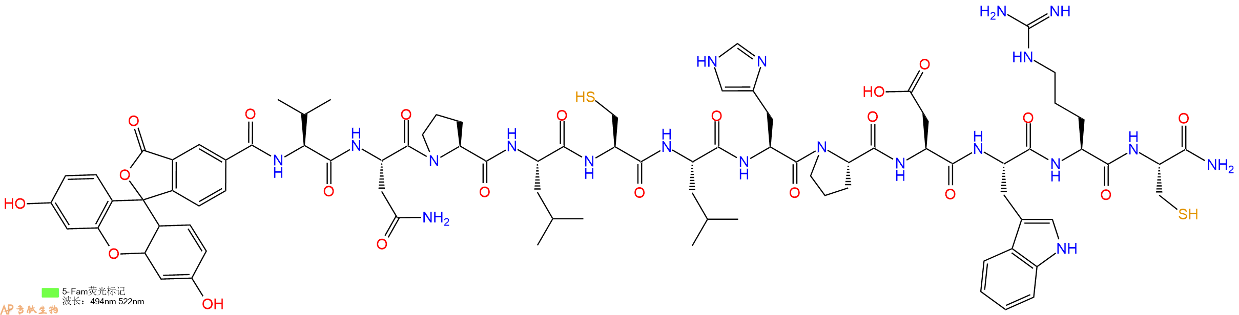 专肽生物产品5FAM-Val-Asn-Pro-Leu-Cys-Leu-His-Pro-Asp-Trp-Arg-Cys-CONH2