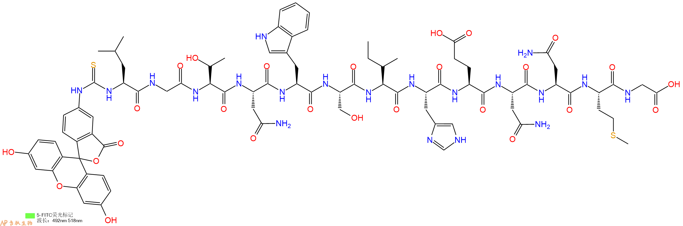 专肽生物产品5FITC-Leu-Gly-Thr-Asn-Trp-Ser-Ile-His-Glu-Asn-Asn-Met-Gly-OH