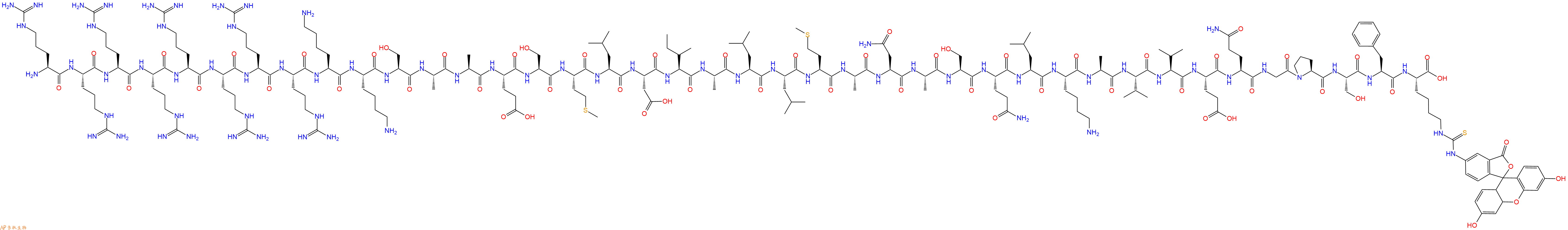 专肽生物产品H2N-Arg-Arg-Arg-Arg-Arg-Arg-Arg-Arg-Lys-Lys-Ser-Ala-Ala-Glu-Ser-Met-Leu-Asp-Ile-Ala-Leu-Leu-Met-Ala-Asn-Ala-Ser-Gln-Leu-Lys-Ala-Val-Val-Glu-Gln-Gly-Pro-Ser-Phe-Lys(FITC)-OH