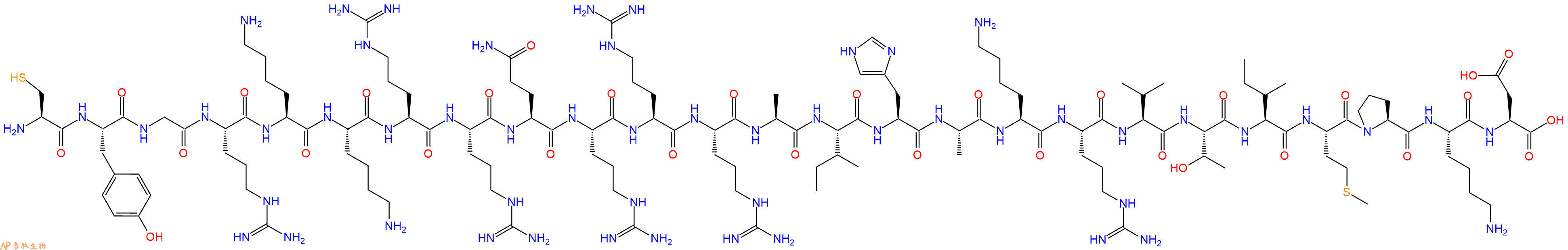 专肽生物产品H2N-Cys-Tyr-Gly-Arg-Lys-Lys-Arg-Arg-Gln-Arg-Arg-Arg-Ala-Ile-His-Ala-Lys-Arg-Val-Thr-Ile-Met-Pro-Lys-Asp-OH