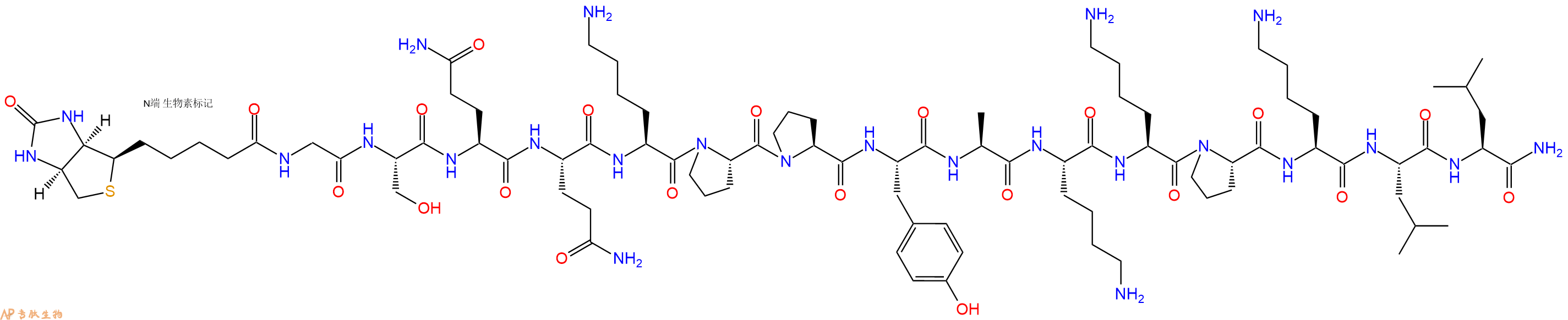 专肽生物产品Biotinyl-Gly-Ser-Gln-Gln-Lys-Pro-Pro-Tyr-Ala-Lys-Lys-Pro-Lys-Leu-Leu-CONH2