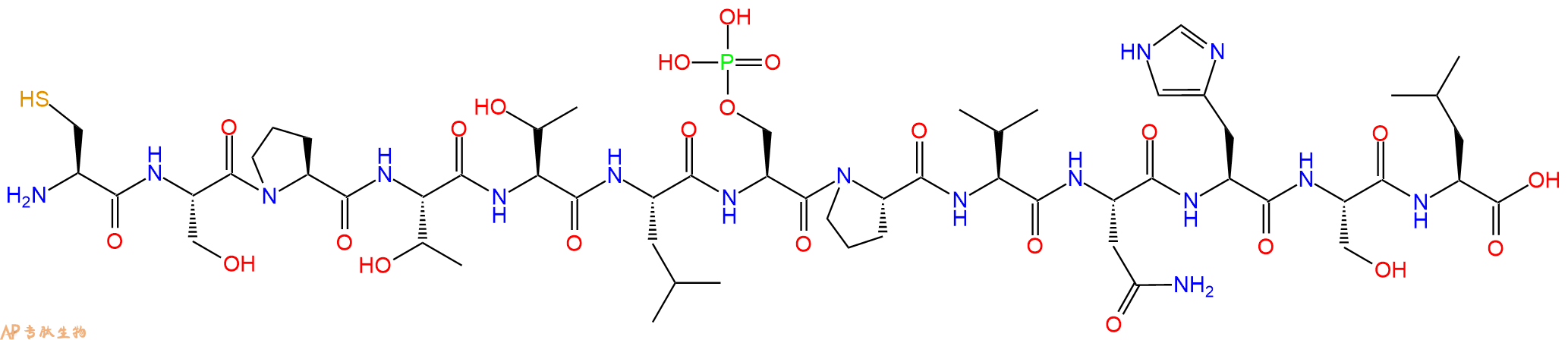 专肽生物产品H2N-Cys-Ser-Pro-Thr-Thr-Leu-Ser(PO3H2)-Pro-Val-Asn-His-Ser-Leu-OH