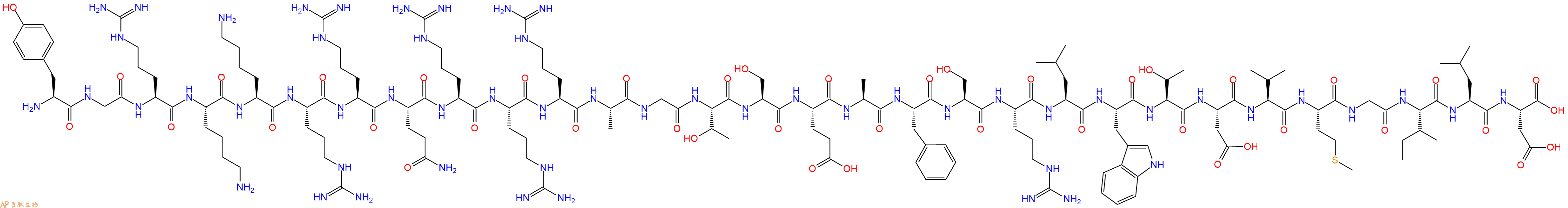 专肽生物产品H2N-Tyr-Gly-Arg-Lys-Lys-Arg-Arg-Gln-Arg-Arg-Arg-Ala-Gly-Thr-Ser-Glu-Ala-Phe-Ser-Arg-Leu-Trp-Thr-Asp-Val-Met-Gly-Ile-Leu-Asp-OH