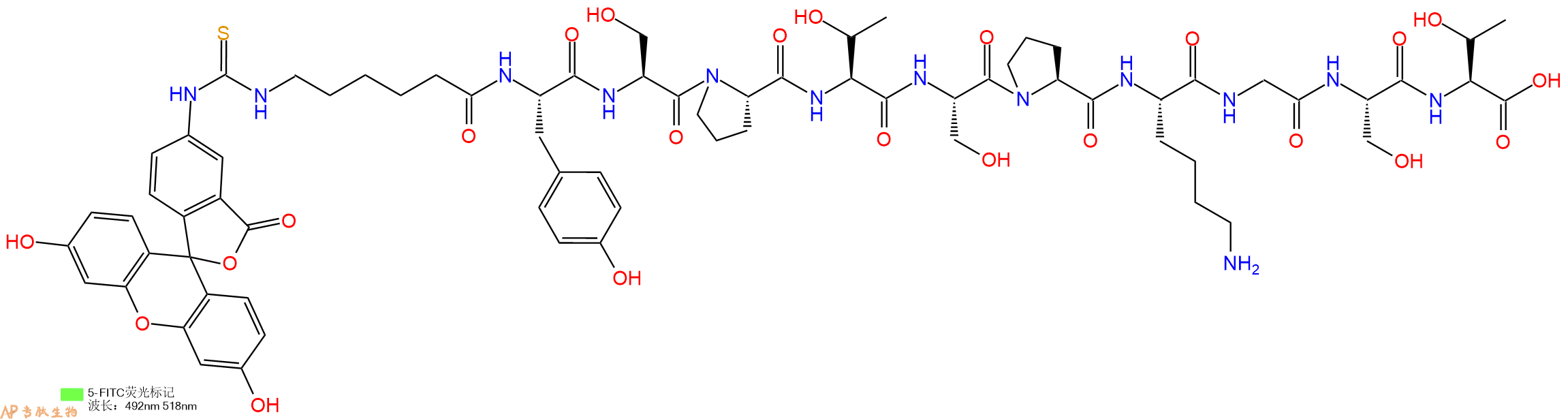 专肽生物产品5FITC-Ahx-Tyr-Ser-Pro-Thr-Ser-Pro-Lys-Gly-Ser-Thr-OH