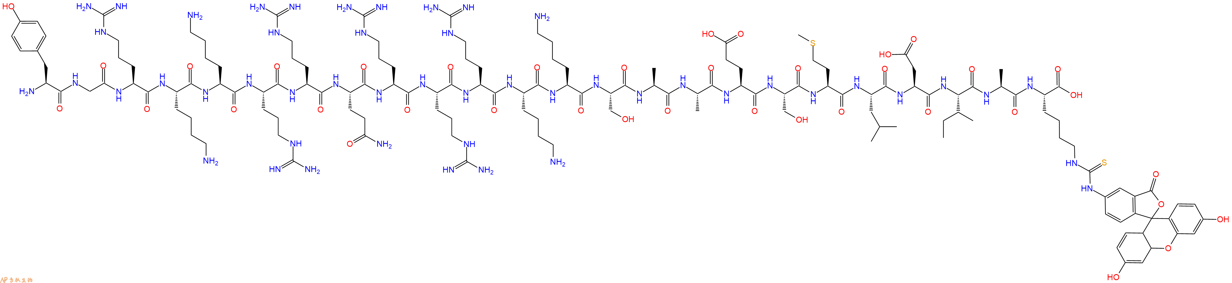 专肽生物产品H2N-Tyr-Gly-Arg-Lys-Lys-Arg-Arg-Gln-Arg-Arg-Arg-Lys-Lys-Ser-Ala-Ala-Glu-Ser-Met-Leu-Asp-Ile-Ala-Lys(FITC)-OH