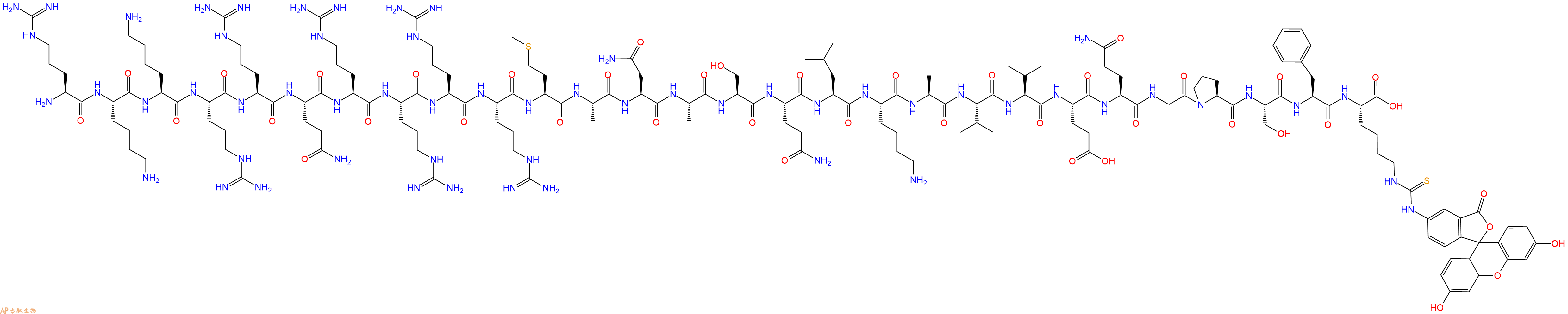 专肽生物产品H2N-Arg-Lys-Lys-Arg-Arg-Gln-Arg-Arg-Arg-Arg-Met-Ala-Asn-Ala-Ser-Gln-Leu-Lys-Ala-Val-Val-Glu-Gln-Gly-Pro-Ser-Phe-Lys(FITC)-OH