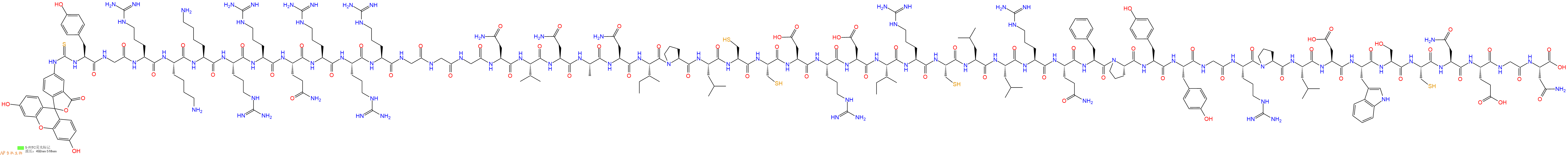 专肽生物产品5FITC-Tyr-Gly-Arg-Lys-Lys-Arg-Arg-Gln-Arg-Arg-Arg-Gly-Gly-Gly-Asn-Val-Asn-Ala-Asn-Ile-Pro-Leu-Cys-Cys-Asp-Arg-Asp-Ile-Arg-Cys-Leu-Leu-Arg-Gln-Phe-Pro-Tyr-Tyr-Gly-Arg-Pro-Leu-Asp-Trp-Ser-Cys-Asn-Glu-Gly-Asn-OH