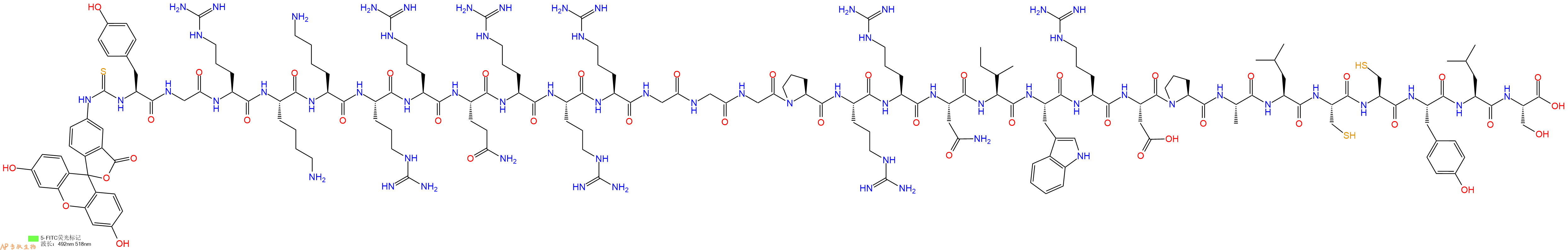 专肽生物产品5FITC-Tyr-Gly-Arg-Lys-Lys-Arg-Arg-Gln-Arg-Arg-Arg-Gly-Gly-Gly-Pro-Arg-Arg-Asn-Ile-Trp-Arg-Asp-Pro-Ala-Leu-Cys-Cys-Tyr-Leu-Ser-OH