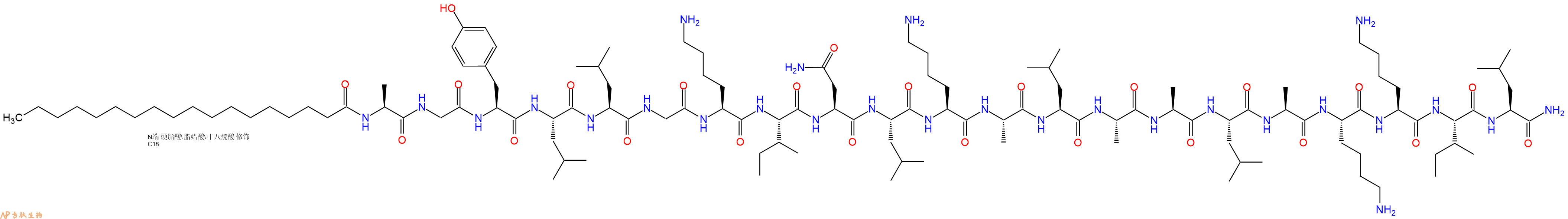 专肽生物产品Stearoyl-Ala-Gly-Tyr-Leu-Leu-Gly-Lys-Ile-Asn-Leu-Lys-Ala-Leu-Ala-Ala-Leu-Ala-Lys-Lys-Ile-Leu-CONH2