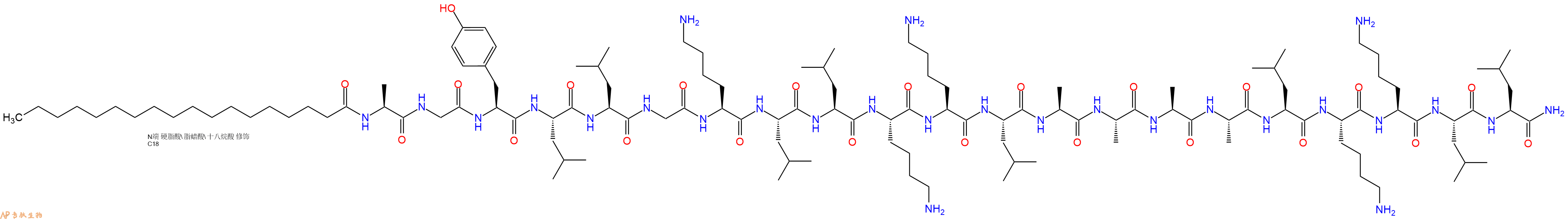 专肽生物产品Stearoyl-Ala-Gly-Tyr-Leu-Leu-Gly-Lys-Leu-Leu-Lys-Lys-Leu-Ala-Ala-Ala-Ala-Leu-Lys-Lys-Leu-Leu-CONH2