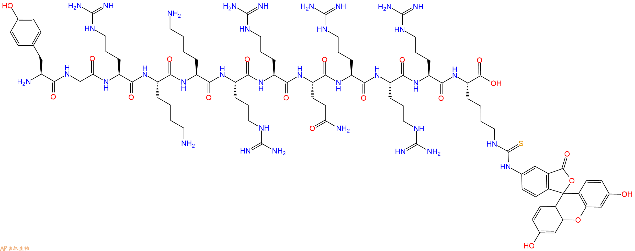 专肽生物产品H2N-Tyr-Gly-Arg-Lys-Lys-Arg-Arg-Gln-Arg-Arg-Arg-Lys(FITC)-OH