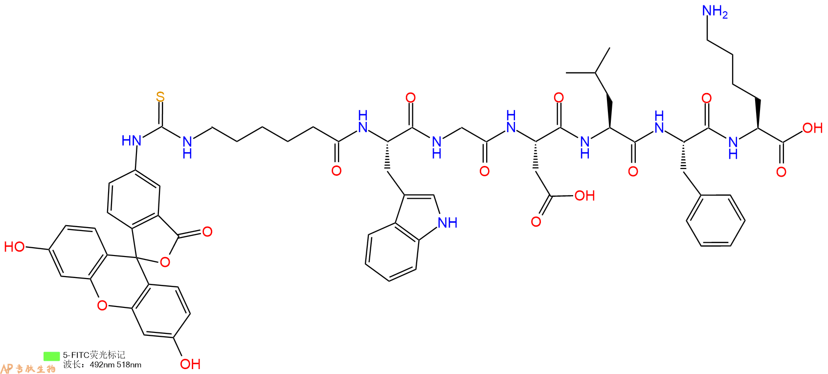专肽生物产品5FITC-Ahx-Trp-Gly-Asp-Leu-Phe-Lys-OH