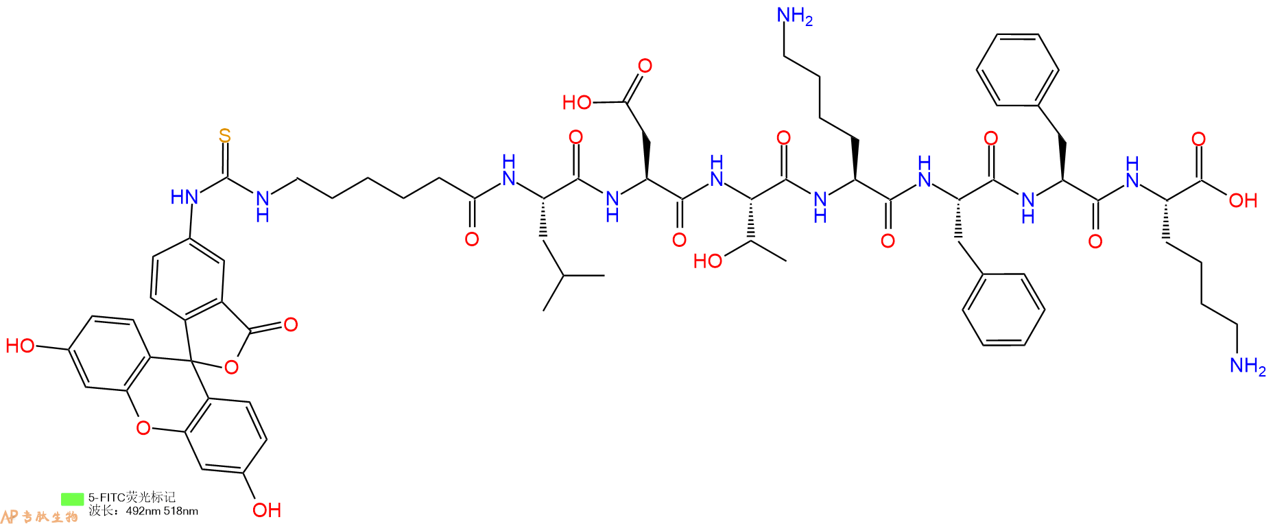 专肽生物产品5FITC-Ahx-Leu-Asp-Thr-Lys-Phe-Phe-Lys-OH