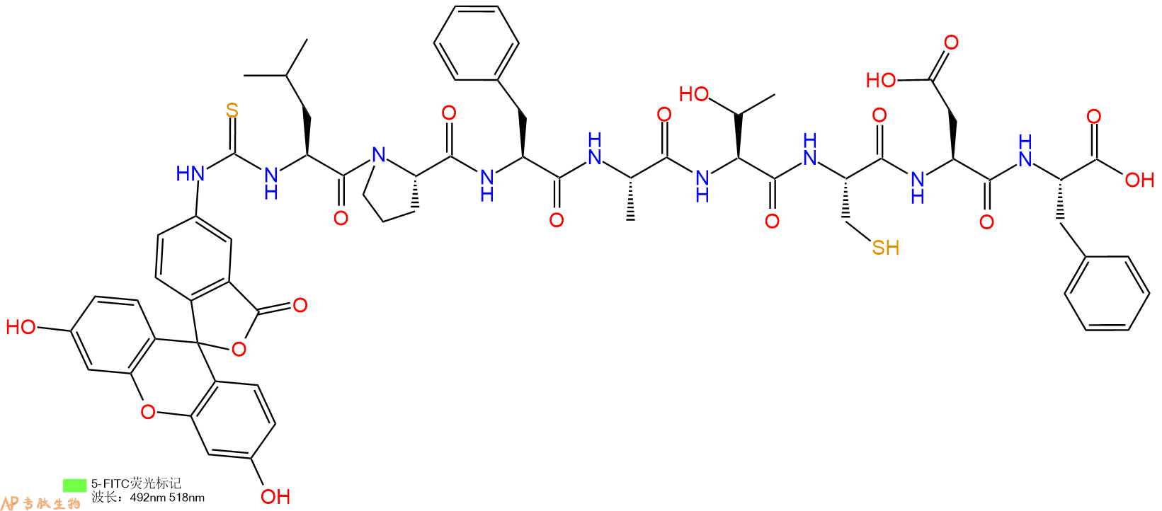 专肽生物产品5FITC-Leu-Pro-Phe-Ala-Thr-Cys-Asp-Phe-OH