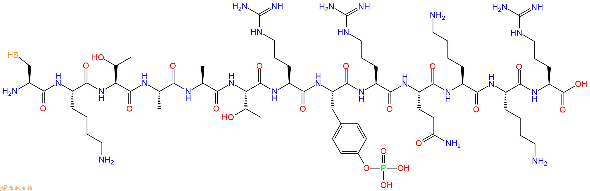 专肽生物产品H2N-Cys-Lys-Thr-Ala-Ala-Thr-Arg-Tyr(PO3H2)-Arg-Gln-Lys-Lys-Arg-OH