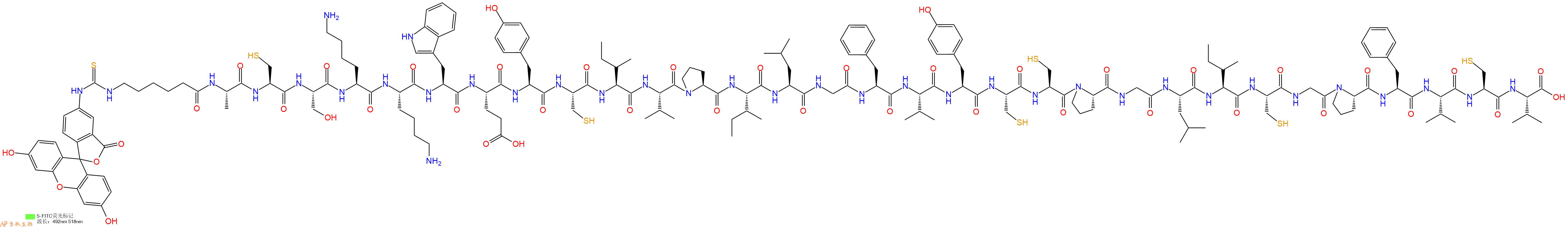 专肽生物产品5FITC-Ahx-Ala-Cys-Ser-Lys-Lys-Trp-Glu-Tyr-Cys-Ile-Val-Pro-Ile-Leu-Gly-Phe-Val-Tyr-Cys-Cys-Pro-Gly-Leu-Ile-Cys-Gly-Pro-Phe-Val-Cys-Val-OH