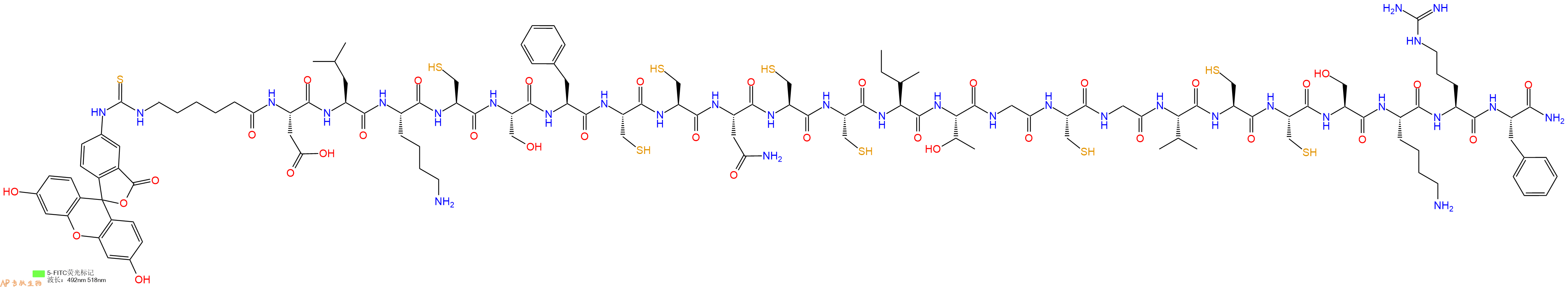 专肽生物产品5FITC-Ahx-Asp-Leu-Lys-Cys-Ser-Phe-Cys-Cys-Asn-Cys-Cys-Ile-Thr-Gly-Cys-Gly-Val-Cys-Cys-Ser-Lys-Arg-Phe-CONH2