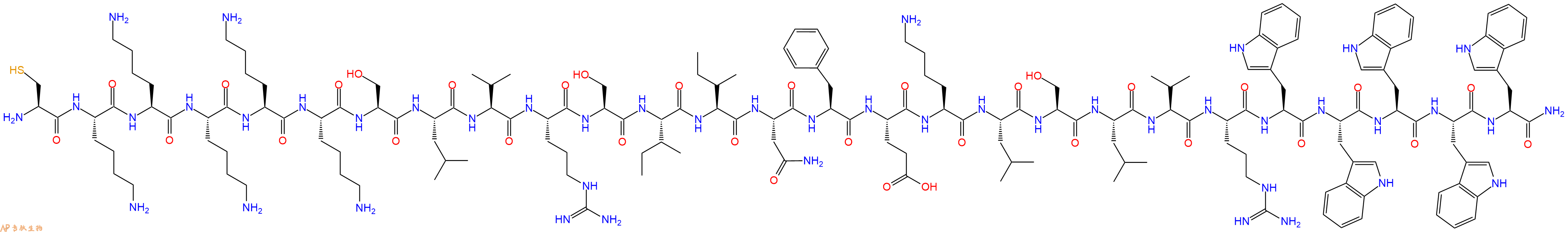 专肽生物产品H2N-Cys-Lys-Lys-Lys-Lys-Lys-Ser-Leu-Val-Arg-Ser-Ile-Ile-Asn-Phe-Glu-Lys-Leu-Ser-Leu-Val-Arg-Trp-Trp-Trp-Trp-Trp-CONH2