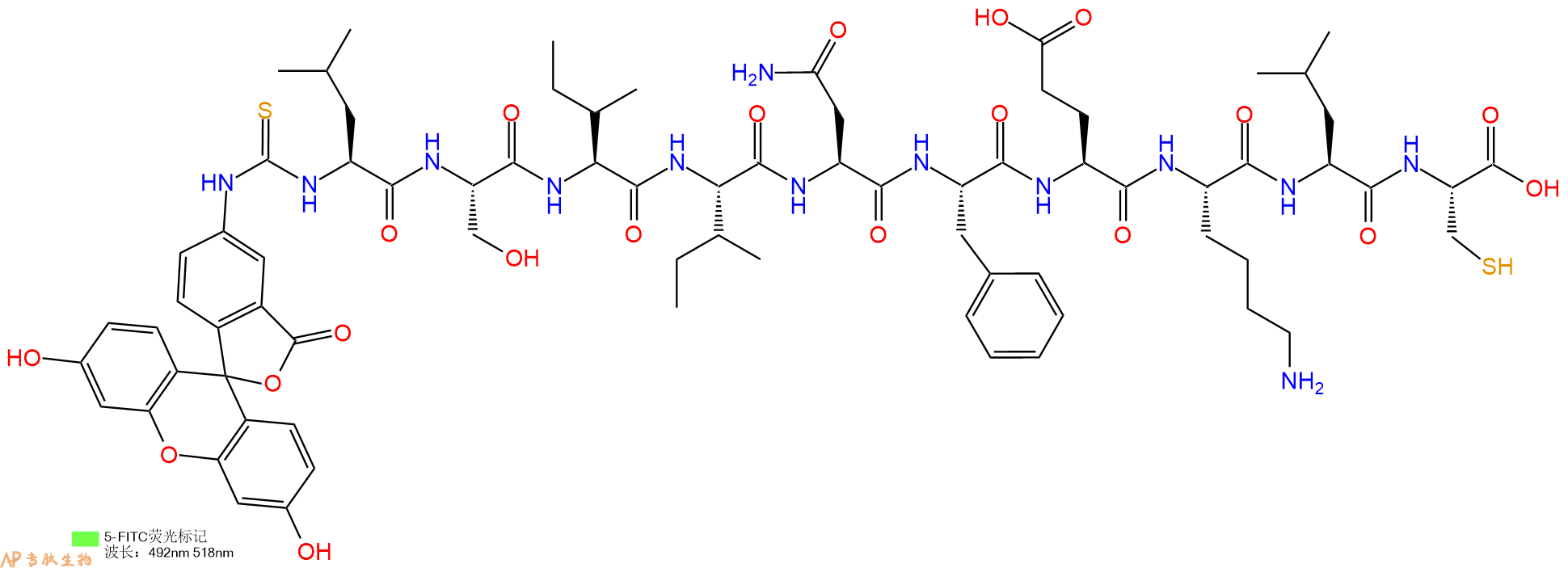 专肽生物产品5FITC-Leu-Ser-Ile-Ile-Asn-Phe-Glu-Lys-Leu-Cys-OH