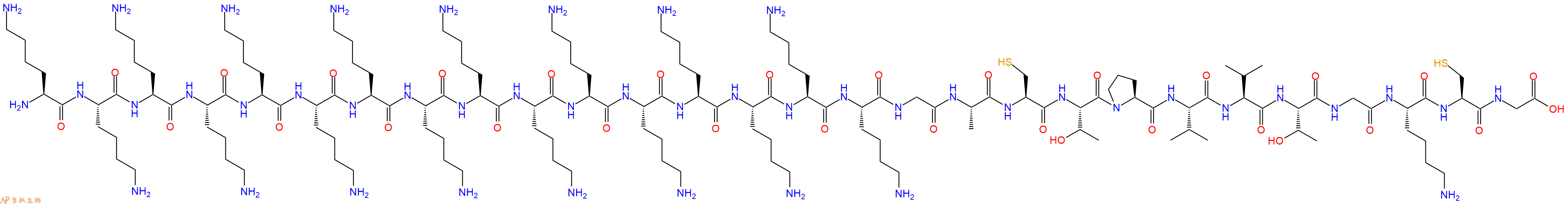 专肽生物产品H2N-Lys-Lys-Lys-Lys-Lys-Lys-Lys-Lys-Lys-Lys-Lys-Lys-Lys-Lys-Lys-Lys-Gly-Ala-Cys-Thr-Pro-Val-Val-Thr-Gly-Lys-Cys-Gly-OH