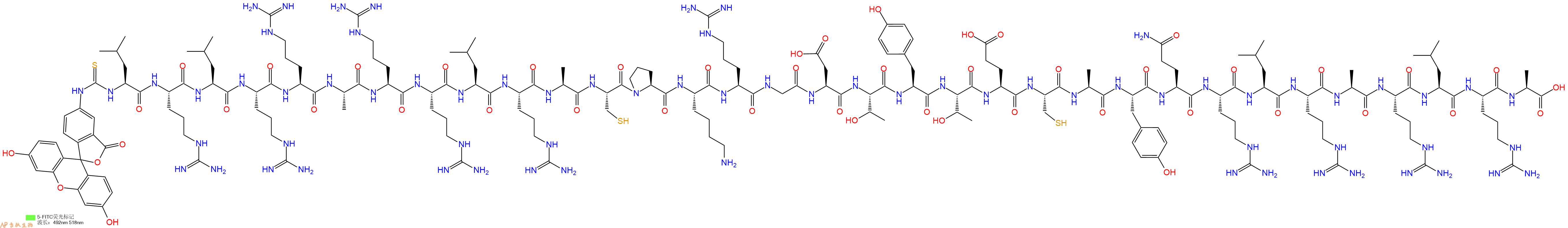 专肽生物产品5FITC-Leu-Arg-Leu-Arg-Arg-Ala-Arg-Arg-Leu-Arg-Ala-Cys-Pro-Lys-Arg-Gly-Asp-Thr-Tyr-Thr-Glu-Cys-Ala-Tyr-Gln-Arg-Leu-Arg-Ala-Arg-Leu-Arg-Ala-OH