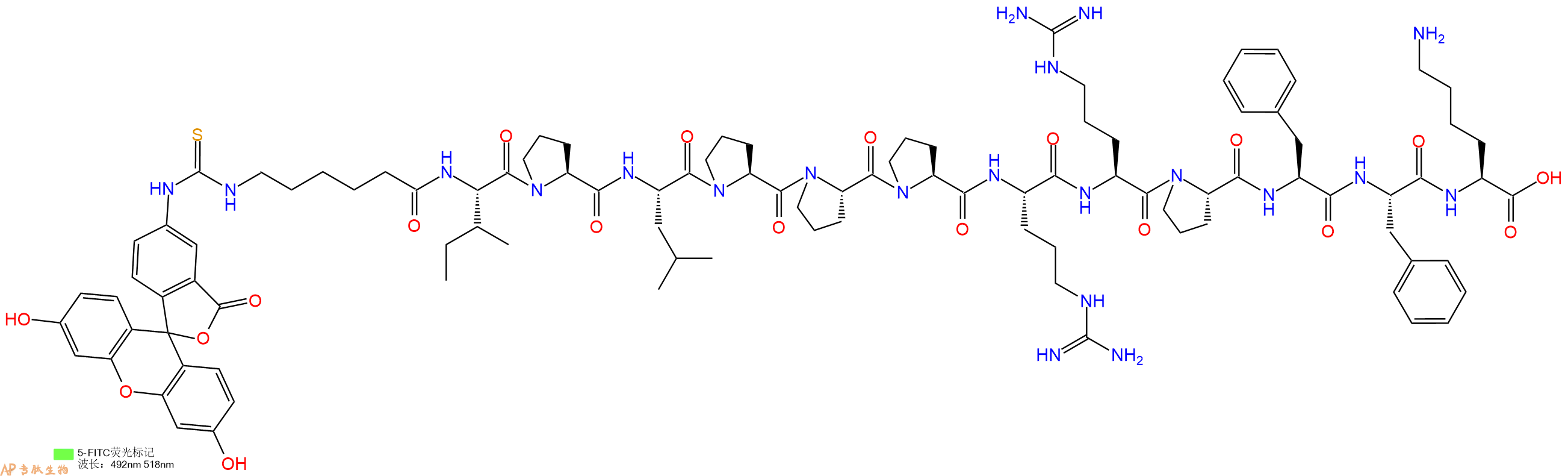 专肽生物产品5FITC-Ahx-Ile-Pro-Leu-Pro-Pro-Pro-Arg-Arg-Pro-Phe-Phe-Lys-OH
