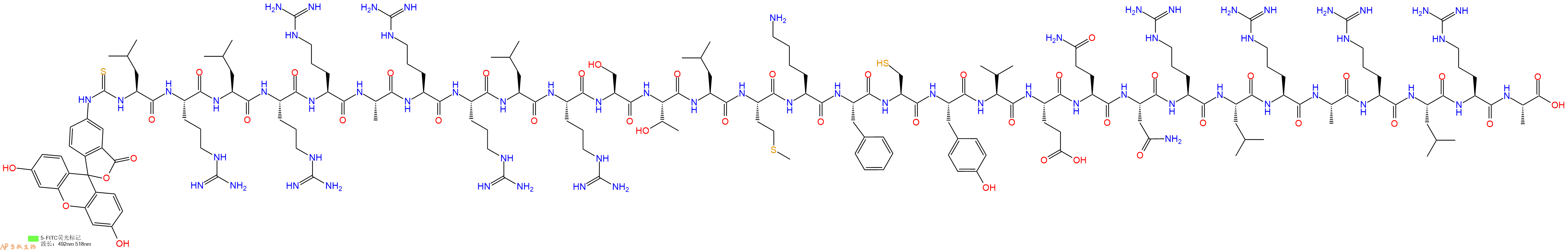 专肽生物产品5FITC-Leu-Arg-Leu-Arg-Arg-Ala-Arg-Arg-Leu-Arg-Ser-Thr-Leu-Met-Lys-Phe-Cys-Tyr-Val-Glu-Gln-Asn-Arg-Leu-Arg-Ala-Arg-Leu-Arg-Ala-OH