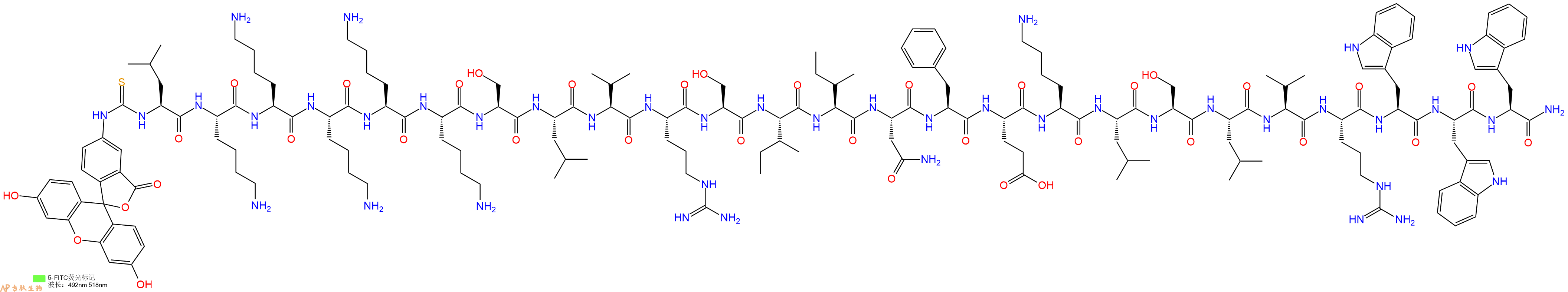 专肽生物产品5FITC-Leu-Lys-Lys-Lys-Lys-Lys-Ser-Leu-Val-Arg-Ser-Ile-Ile-Asn-Phe-Glu-Lys-Leu-Ser-Leu-Val-Arg-Trp-Trp-Trp-CONH2