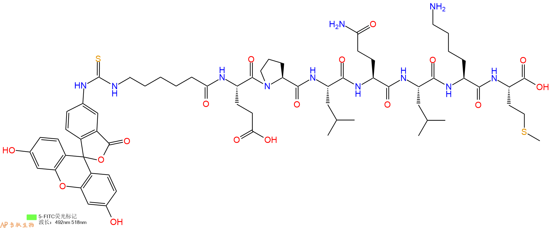 专肽生物产品5FITC-Ahx-Glu-Pro-Leu-Gln-Leu-Lys-Met-OH