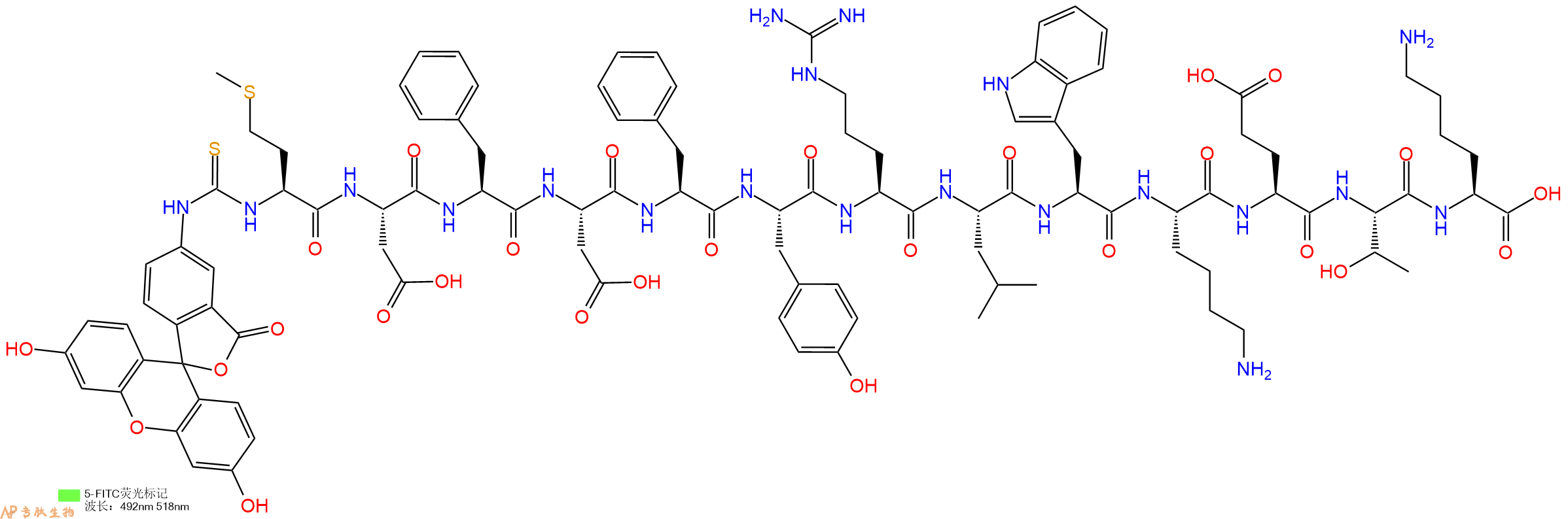 专肽生物产品5FITC-Met-Asp-Phe-Asp-Phe-Tyr-Arg-Leu-Trp-Lys-Glu-Thr-Lys-OH