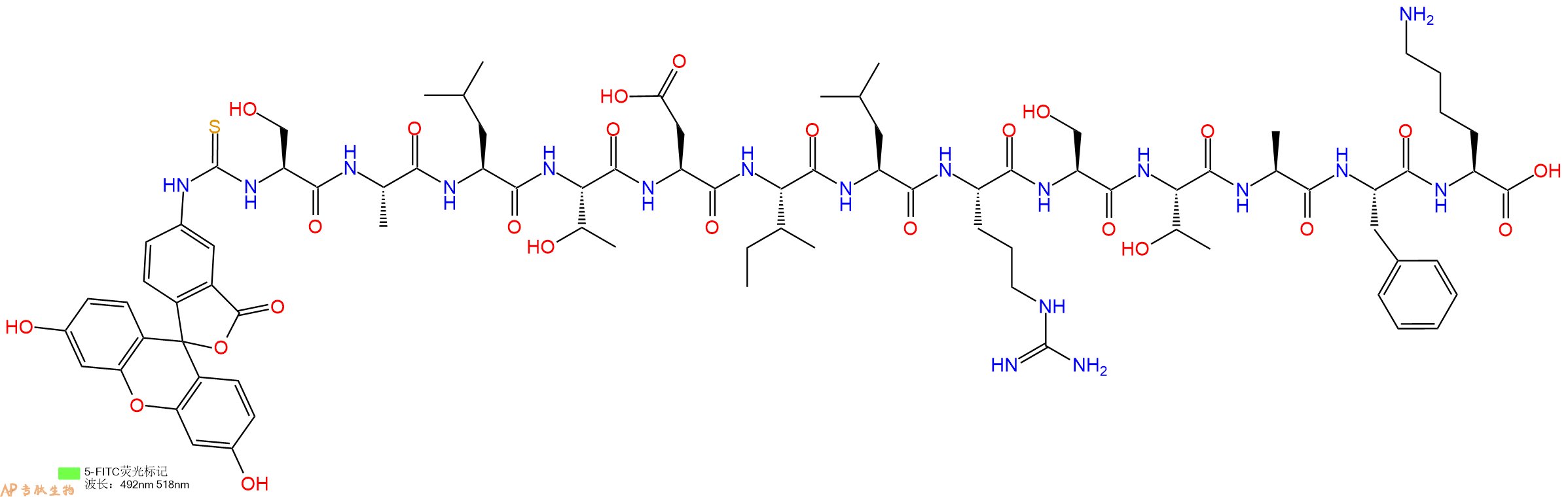 专肽生物产品5FITC-Ser-Ala-Leu-Thr-Asp-Ile-Leu-Arg-Ser-Thr-Ala-Phe-Lys-OH