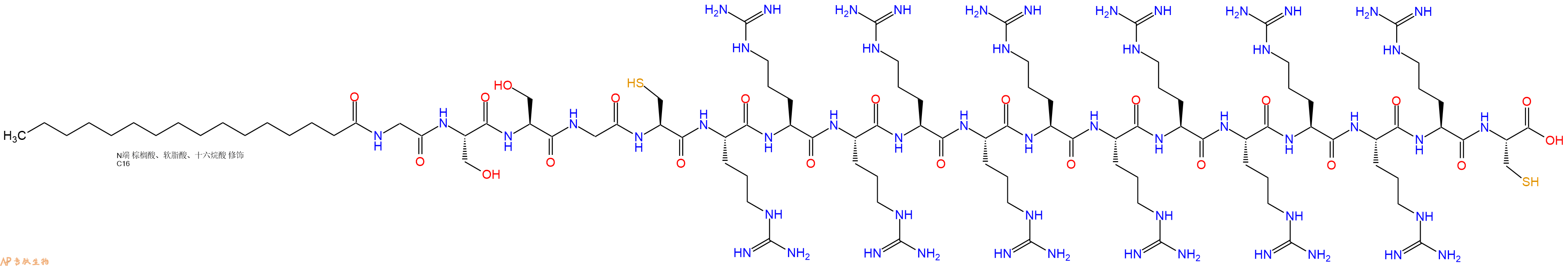 专肽生物产品Palmiticacid-Gly-Ser-Ser-Gly-Cys-Arg-Arg-Arg-Arg-Arg-Arg-Arg-Arg-Arg-Arg-Arg-Arg-Cys-OH