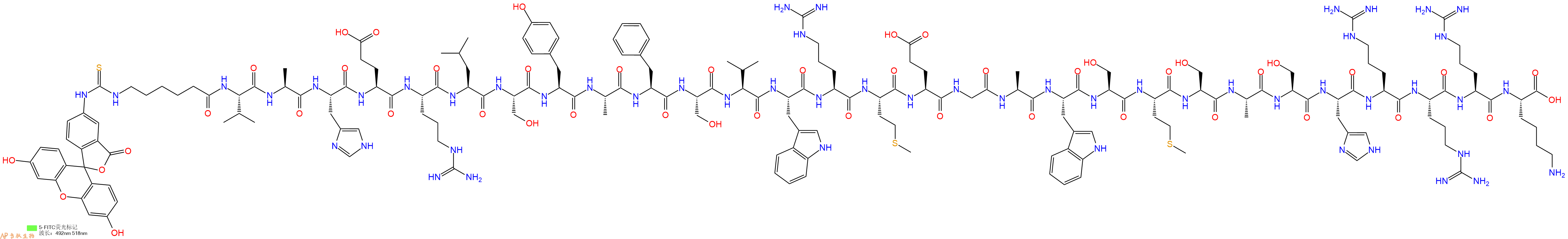 专肽生物产品5FITC-Ahx-Val-Ala-His-Glu-Arg-Leu-Ser-Tyr-Ala-Phe-Ser-Val-Trp-Arg-Met-Glu-Gly-Ala-Trp-Ser-Met-Ser-Ala-Ser-His-Arg-Arg-Arg-Lys-OH