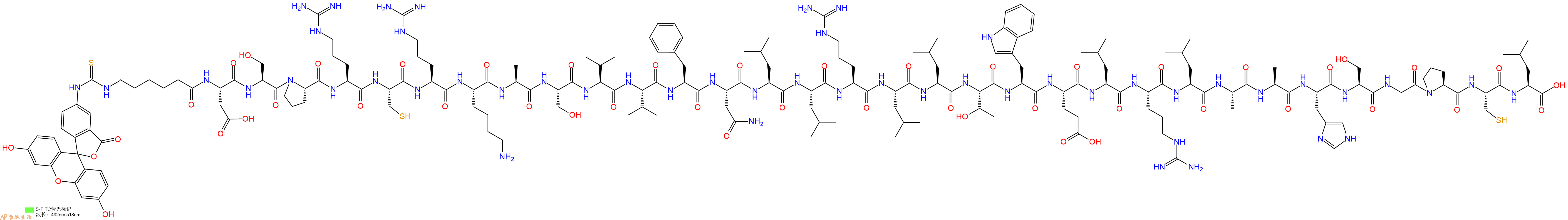 专肽生物产品5FITC-Ahx-Asp-Ser-Pro-Arg-Cys-Arg-Lys-Ala-Ser-Val-Val-Phe-Asn-Leu-Leu-Arg-Leu-Leu-Thr-Trp-Glu-Leu-Arg-Leu-Ala-Ala-His-Ser-Gly-Pro-Cys-Leu-OH
