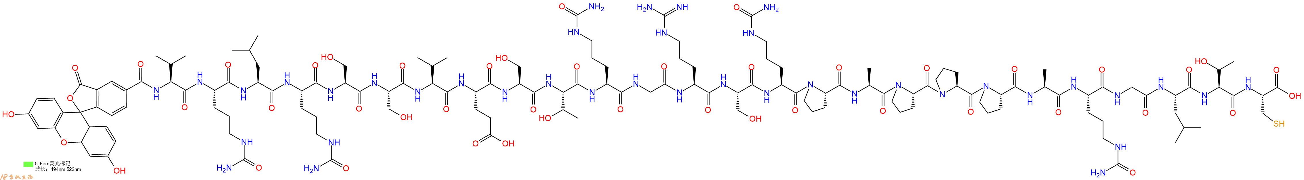专肽生物产品5FAM-Val-Cit-Leu-Cit-Ser-Ser-Val-Glu-Ser-Thr-Cit-Gly-Arg-Ser-Cit-Pro-Ala-Pro-Pro-Pro-Ala-Cit-Gly-Leu-Thr-Cys-OH