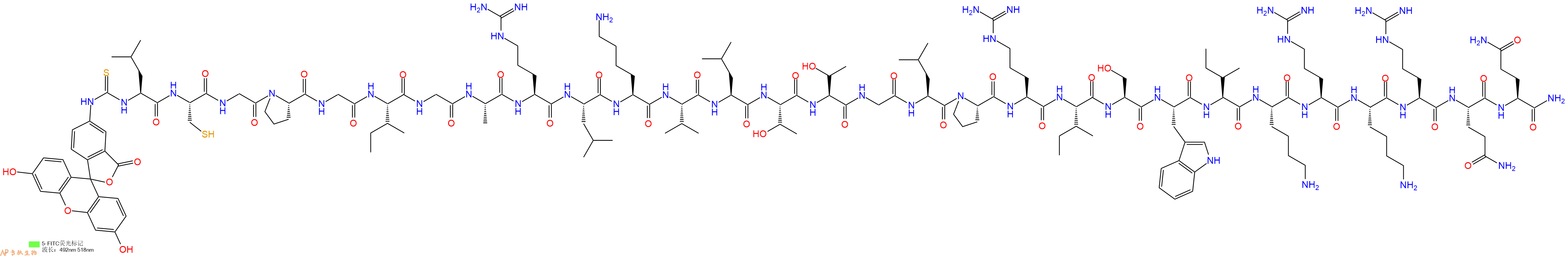 专肽生物产品5FITC-Leu-Cys-Gly-Pro-Gly-Ile-Gly-Ala-Arg-Leu-Lys-Val-Leu-Thr-Thr-Gly-Leu-Pro-Arg-Ile-Ser-Trp-Ile-Lys-Arg-Lys-Arg-Gln-Gln-CONH2