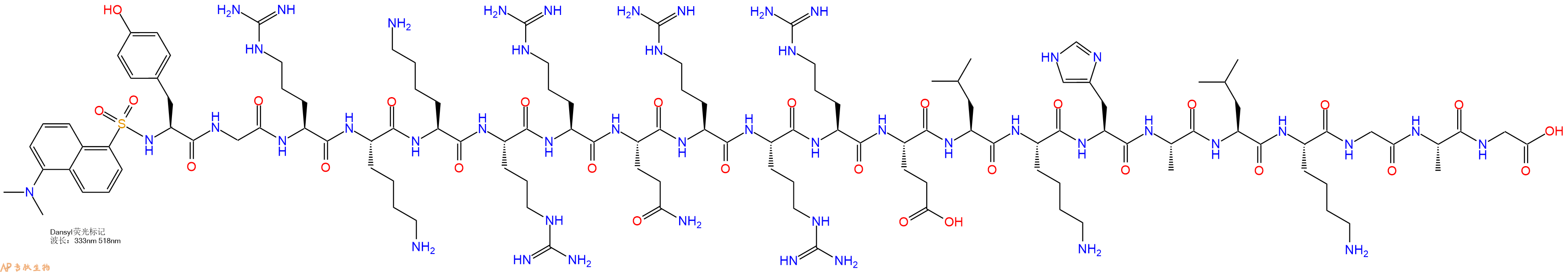 专肽生物产品Dansyl-Tyr-Gly-Arg-Lys-Lys-Arg-Arg-Gln-Arg-Arg-Arg-Glu-Leu-Lys-His-Ala-Leu-Lys-Gly-Ala-Gly-OH