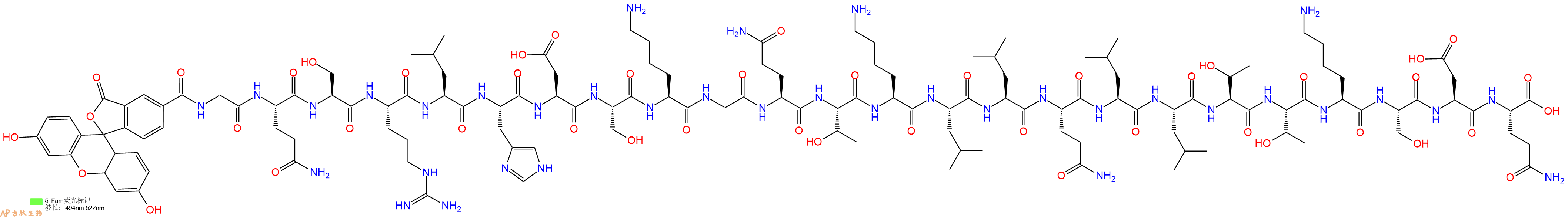 专肽生物产品5FAM-Gly-Gln-Ser-Arg-Leu-His-Asp-Ser-Lys-Gly-Gln-Thr-Lys-Leu-Leu-Gln-Leu-Leu-Thr-Thr-Lys-Ser-Asp-Gln-OH