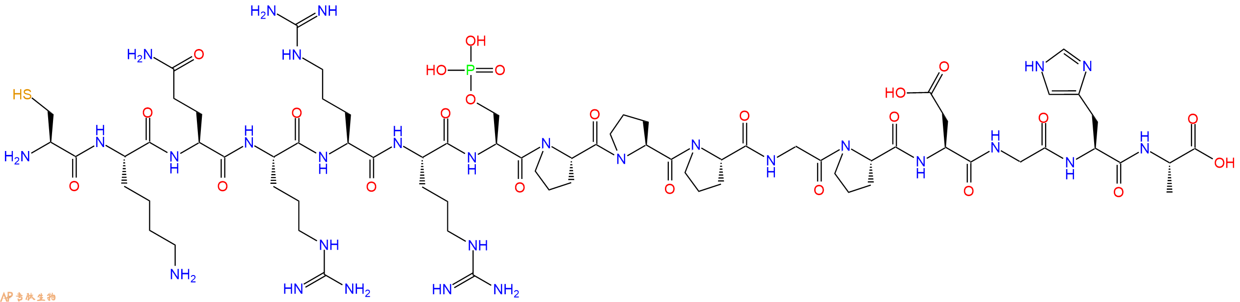 专肽生物产品H2N-Cys-Lys-Gln-Arg-Arg-Arg-Ser(PO3H2)-Pro-Pro-Pro-Gly-Pro-Asp-Gly-His-Ala-OH