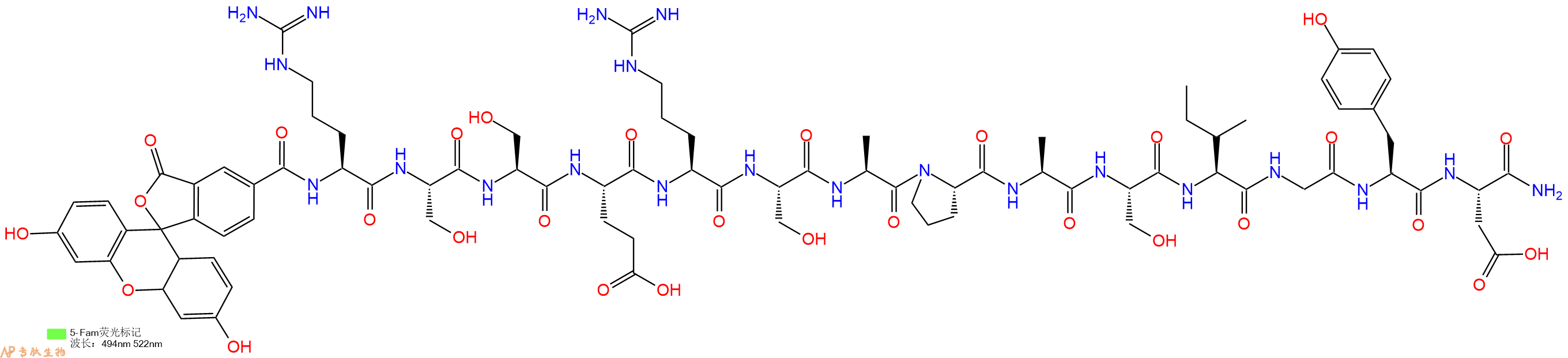 专肽生物产品5FAM-Arg-Ser-Ser-Glu-Arg-Ser-Ala-Pro-Ala-Ser-Ile-Gly-Tyr-Asp-CONH2