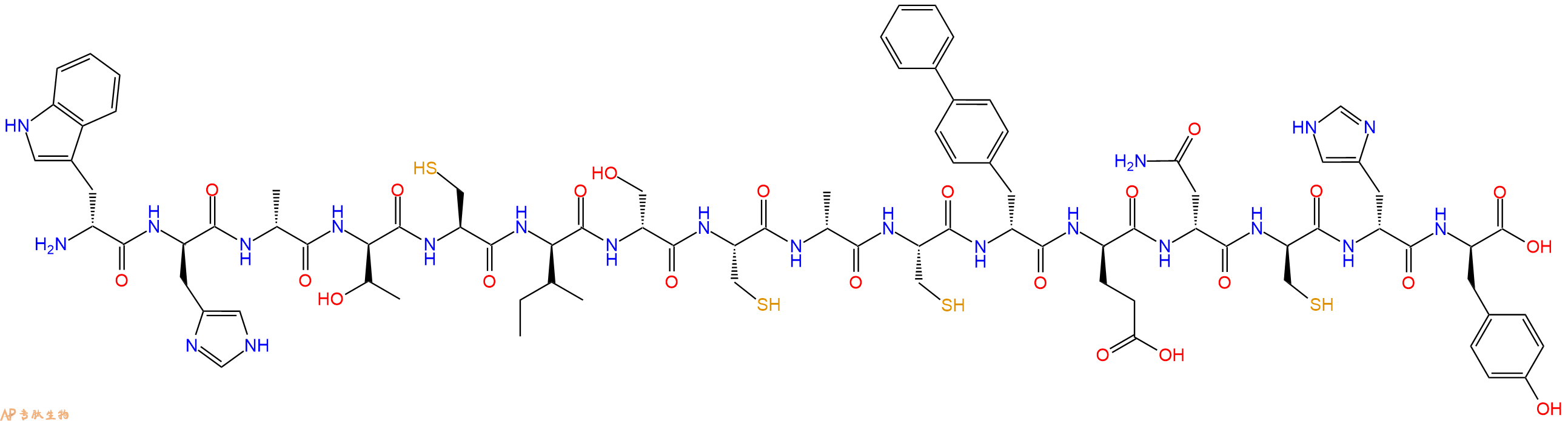 专肽生物产品H2N-DTrp-DHis-DAla-DThr-Cys-DIle-DSer-Cys-DAla-Cys-DBip-DGlu-DAsn-DCys-DHis-DTyr-OH